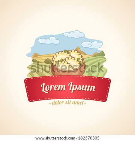 Banner with traditional food. Dish with dumplings. Vector illustration.