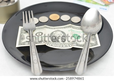 Money in a plate , Money canned and Credit card.