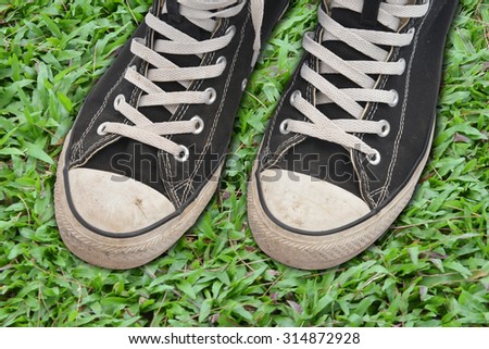Couple youth sneakers, black and white sneakers, shoes on the green grass,