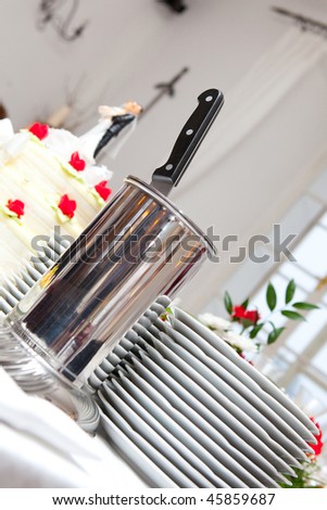 Wedding cake, knife and plates on a table