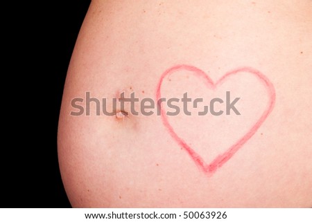 Pregnancy -pregnant female with a red heart  on abdomen
