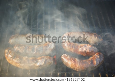 Grilled Pork Sausages Bratwurst. You can see more BBQ, Grilled Food, Fire and Flames on my page