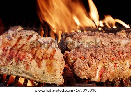 Beef Ribs And Beef Steak Grilled In Bbq
