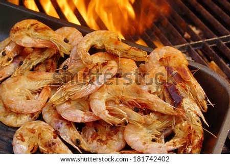 Grilled Prawns on open BBQ fire. You can see more BBQ, flames and fire on my page.