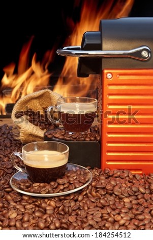 Capsule Coffee Machine and two coffee cup with espresso