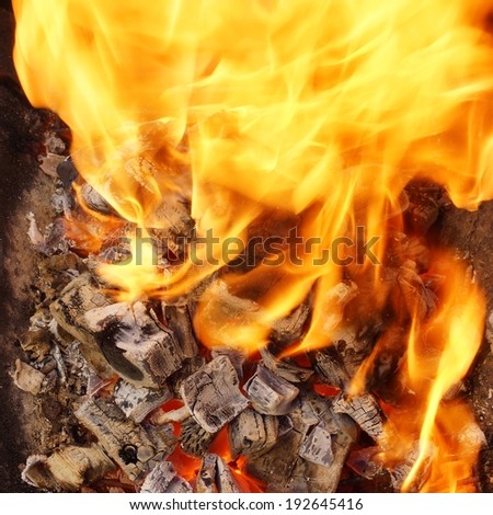 Burning Charcoal in BBQ close-up and Flames in background. You can see more BBQ, Grilled food, flames and fire on my page.