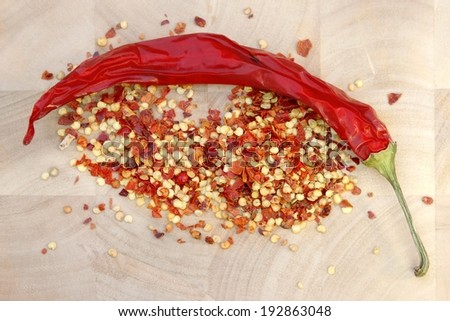 Chili and milled pepper pod. Background and Texture with space for text or image.
