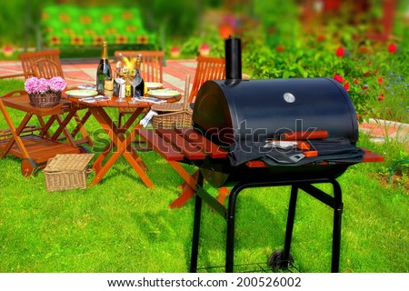 Summer BBQ Party or Picnic in backyard. HDR +Tilt-shift effect in background.