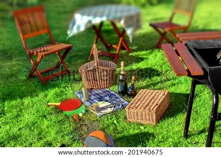 Summer BBQ Party or Picnic scene in backyard on lawn. Tilt-shift effect in background.