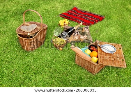 Picnic setting with Champagne wine, grape, glasses, grape and picnic hamper, picnic basket and blanket.