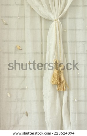 White Brick Wall Decorated With  Net Curtain. Background and Texture for text or image.