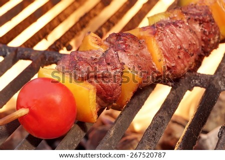 Weekend BBQ Meat Beef  Kebab Or Kabob On The Hot Flaming Grill. Flames of Fire on The Background. Summer Party or Picnic Food.
