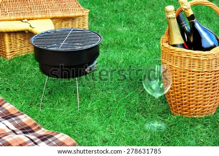 Picnic With Barbecue Food And Champagne On The Fresh Summer Grass