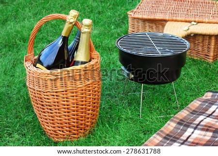 Picnic With Barbecue Food And Champagne On The Fresh Summer Grass