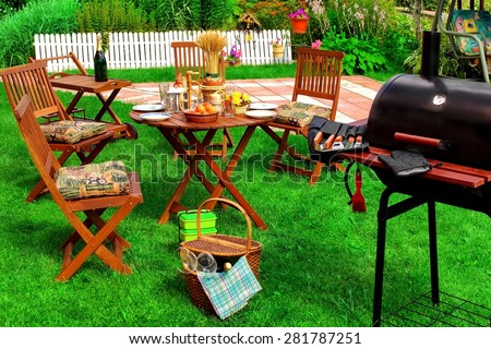 Backyard Summer BBQ & Cocktail Party Or Picnic On The Lawn Scene And Concept