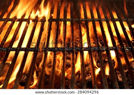 Flaming Empty BBQ Charcoal Grill Close-up Background Texture