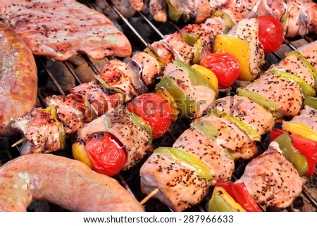 Assorted Roasted Meat with Vegetable On The Hot Barbecue Charcoal Grill