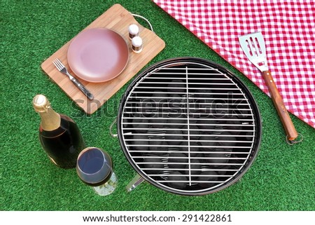 Fine Dining With Champagne Wine On The Summer Fresh Lawn. Outdoor Backyard BBQ Holiday Grill Party Or Weekend Picnic Concept. Overhead View
