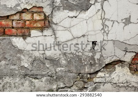 Broken Old Bricklaying Wall Fragment From Red White Bricks And Damaged Plaster Background Texture Close-up