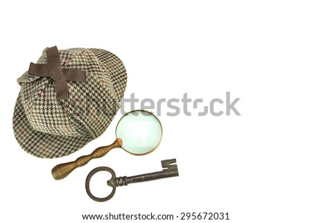 Sherlock Holmes Deerstalker Cap, Vintage Magnifying Glass And Old Key Isolated On White Background. Investigation Concept