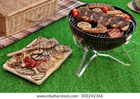 Summer Weekend Picnic Conceptual Scene On The Lawn With BBQ And Grill. Hamper, Blanket and Hat In The Background. Grill And BBQ Food Close-up.