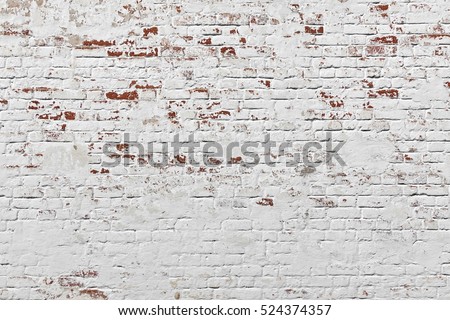 Red White Wall Background. Old Grungy Brick Wall Horizontal Texture. Brickwall Backdrop. Stonewall Wallpaper. Vintage Wall With Peeled Plaster. Retro Grunge Wall. Brick Wall With White Uneven Stucco