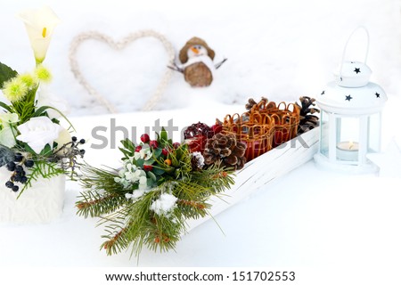Table decorations on snow garden table