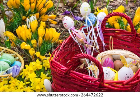 Easter decoration in the garden, Easter Basket, Easter eggs