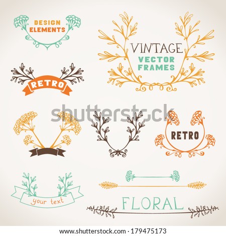Set of nature design elements Vintage hand-drawn frames text dividers and labels of branches and leaves Set of nature design elements Vintage hand-drawn frames text dividers and labels of branches and leaves