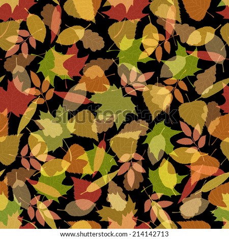 Seamless autumn pattern. Veined autumn leaves on black background.
