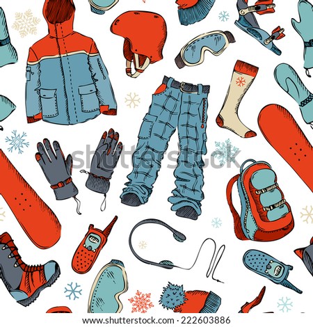 Seamless pattern of winter extreme sport. Snowboard gear on white background. Winter active outdoor design.