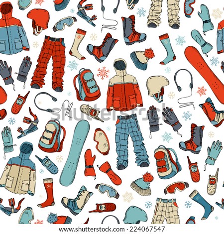 Seamless pattern of snowboard kit on white background. Winter extreme sport background for your winter design.