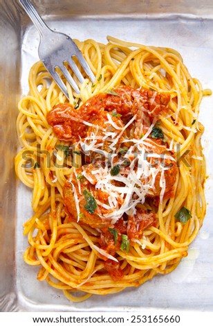 meatball pasta in box. Italian food.