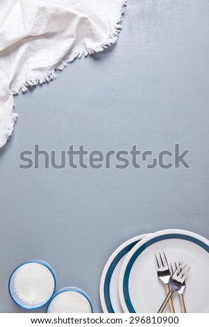 Food gray background breakfast. table setting. space for writing or placing text article
