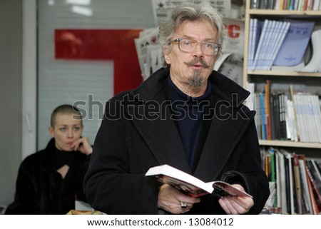 Eduard Limonov, a Russian nationalist writer and opposition leader, presents his book against the Russian President Putin's inner policy at a bookstore in Moscow on February 7, 2006.