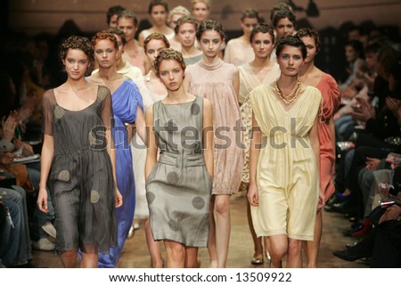 Models present Summer 2008 collection by Russian designer Sultanna Frantsuzova during the Russian Fashion Week in Moscow.