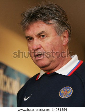 Guus Hiddink, Russian soccer team coach, attends a news conference in Moscow on October 10, 2007.