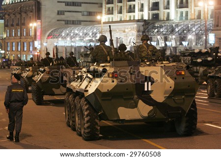 MOSCOW - APRIL 28: Russian army vehicles roll to enter Red Square during a night rehearsal for the Victory Day military parade April 28, 2009 in Moscow, Russia.