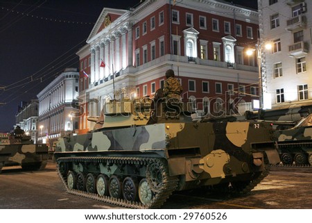 MOSCOW - APRIL 28: Russian army vehicles roll to enter Red Square during a night rehearsal for the Victory Day military parade April 28, 2009 in Moscow, Russia.