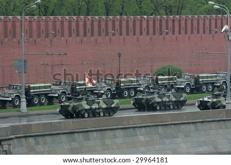 MOSCOW - MAY 7: Russian army vehicles roll by the Kremlin during a rehearsal for the Victory Day military parade May 7, 2009 in Moscow, Russia.