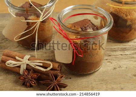 Cake in a jar glass with christmas decoration