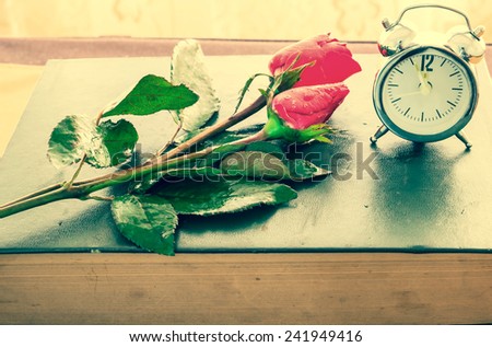rose and old diary with clock Vintage style for valentine day