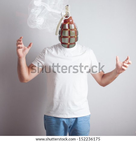 Concept of angry man. Creative portrait.  Grenade head. Boiling  and exploding head