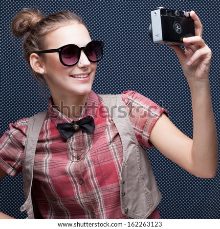 Caucasian Girl Taking Self Picture With Her Camera