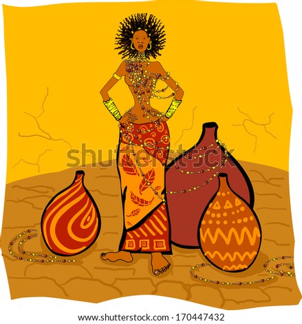 Illustration of an African woman in ethnic clothes in the interior