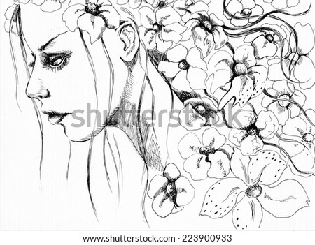 Woman face with flowers. Hand painted fashion illustration. Amazing beautiful woman water-colour artwork. Portrait of beautiful girl | handmade | self made | painting