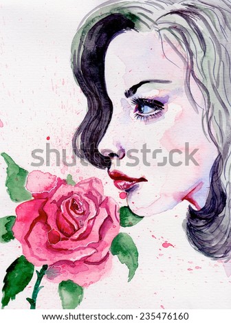Watercolor hand-drawn portrait of beautiful woman with flower. Beauty girl takes beautiful flowers.Blowing flower.Fantasy girl portrait in pastel colors. Summer fairy portrait. Long permed hair.