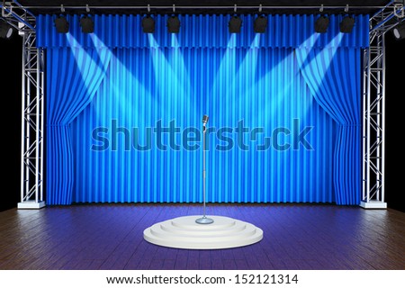vintage microphone on Theater stage with blue curtains and spotlights Theatrical scene in the light of searchlights, the interior of the old theater
