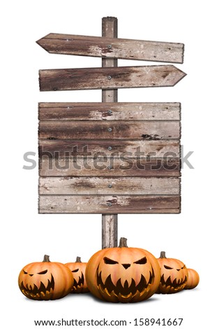 Halloween pumpkin with Old weathered wood sign isolated on white