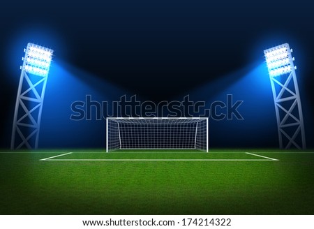 Sports background - Soccer stadium, arena in night illuminated bright spotlights, soccer goal